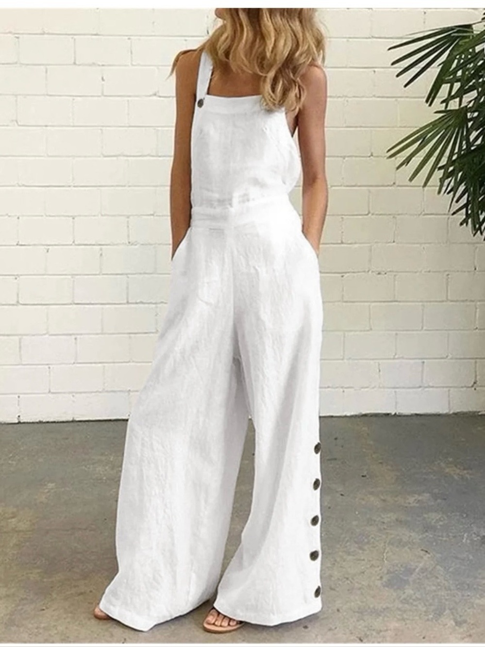 Cream Wide-Leg Linen Blend Overalls Jumpsuit NWOT